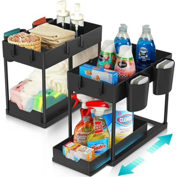 2 Pack Under Sink Organizers & Storage with Sliding Drawer, 2 Tier, Modern Black - Picture 1 of 6